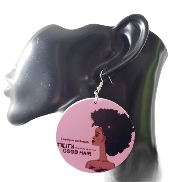 Womens Pink Round Good Hair African American Retro French Hook Wooden Earrings - Picture 1 of 3